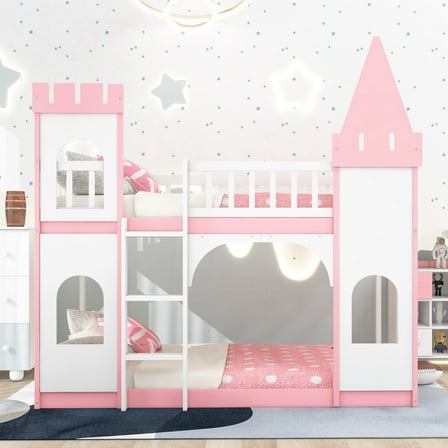 Newboti Furniture Twin Over Twin Castle Bunk Bed with Ladder - Pink NO.42560