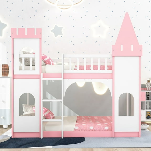 Newboti Furniture Twin Over Twin Castle Bunk Bed with Ladder - Pink NO.42560