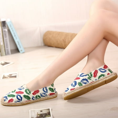 

Ladies Fashion And Leisure Vintage Lips Giraffe Small Camouflage Hand Stitching Espadrilles Canvas Shoes