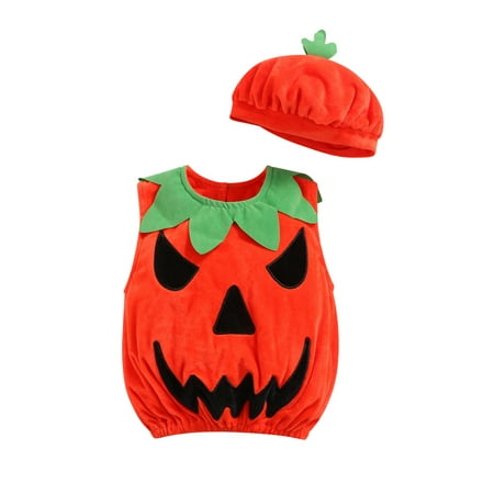 

Toddler Baby Boy Girl 2Pcs Halloween Outfits Pumpkin Halloween Romper Bodysuit Tank Tops Vest Hat Set