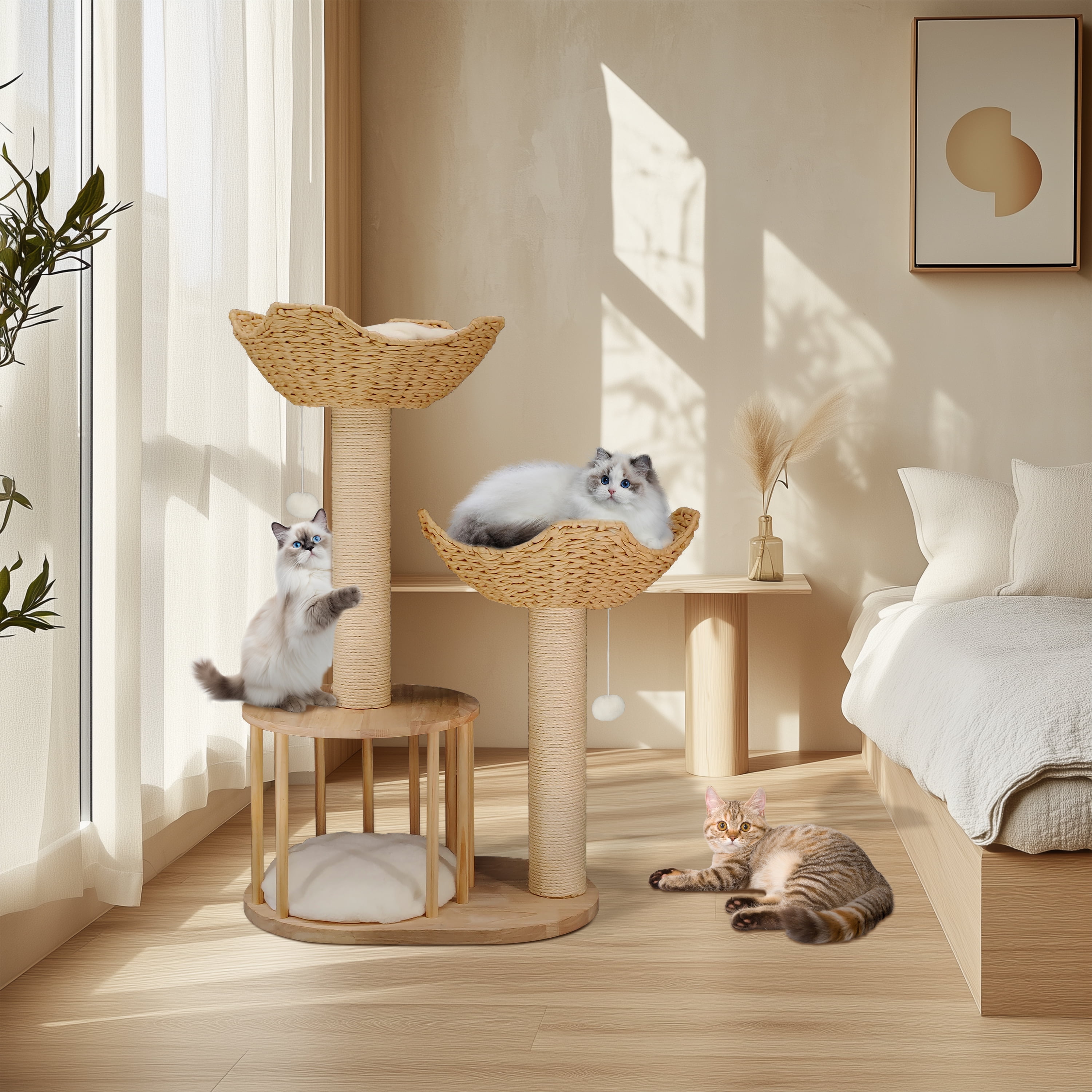 BingoPaw Wood Cat Tower Tree 3-tier Cat House Tree Activity Tower Condo Furniture with Plush Cushion