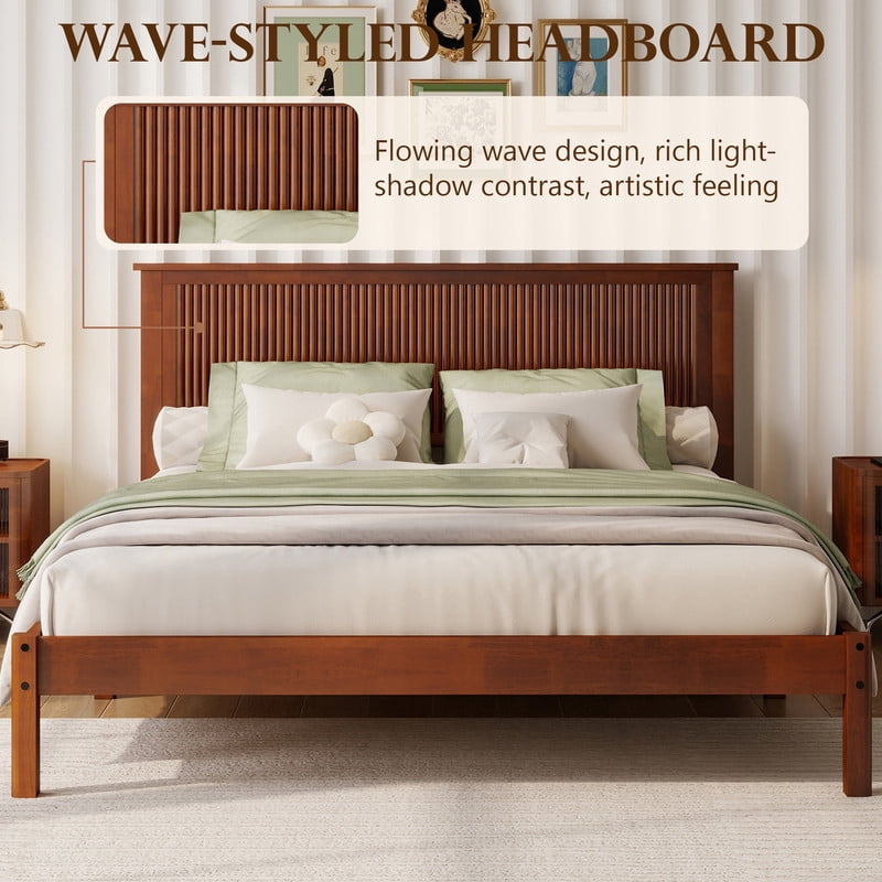 Queen Size Wood Bed Frame with Wave-Fluted Headboard, Low-Profile Platform Bed with Central Support Legs and Under-Bed Space