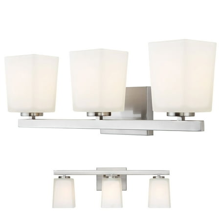 Brushed Nickel Vanity 3 Light Fixture Bathroom Bath Bar Flat Opal Glass Globes