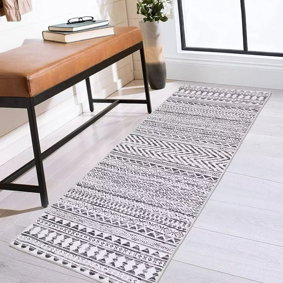 ZACOO 2'x6' Bedside Runner Rug Chenille Bohemian Distressed Moroccan Low Pile Profile Indoor Hallway Entryway Runner Rug Mat, Light Grey