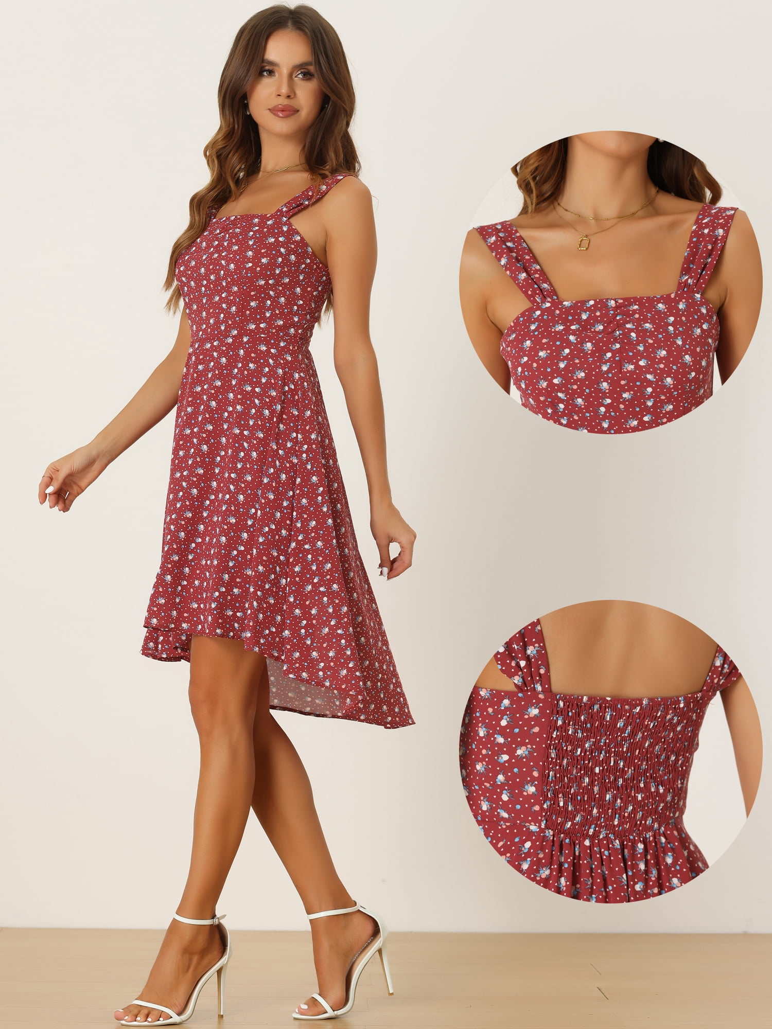 Unique Bargains Women's Square Neck Sleeveless Floral Smocked Summer Boho Dress XL Red