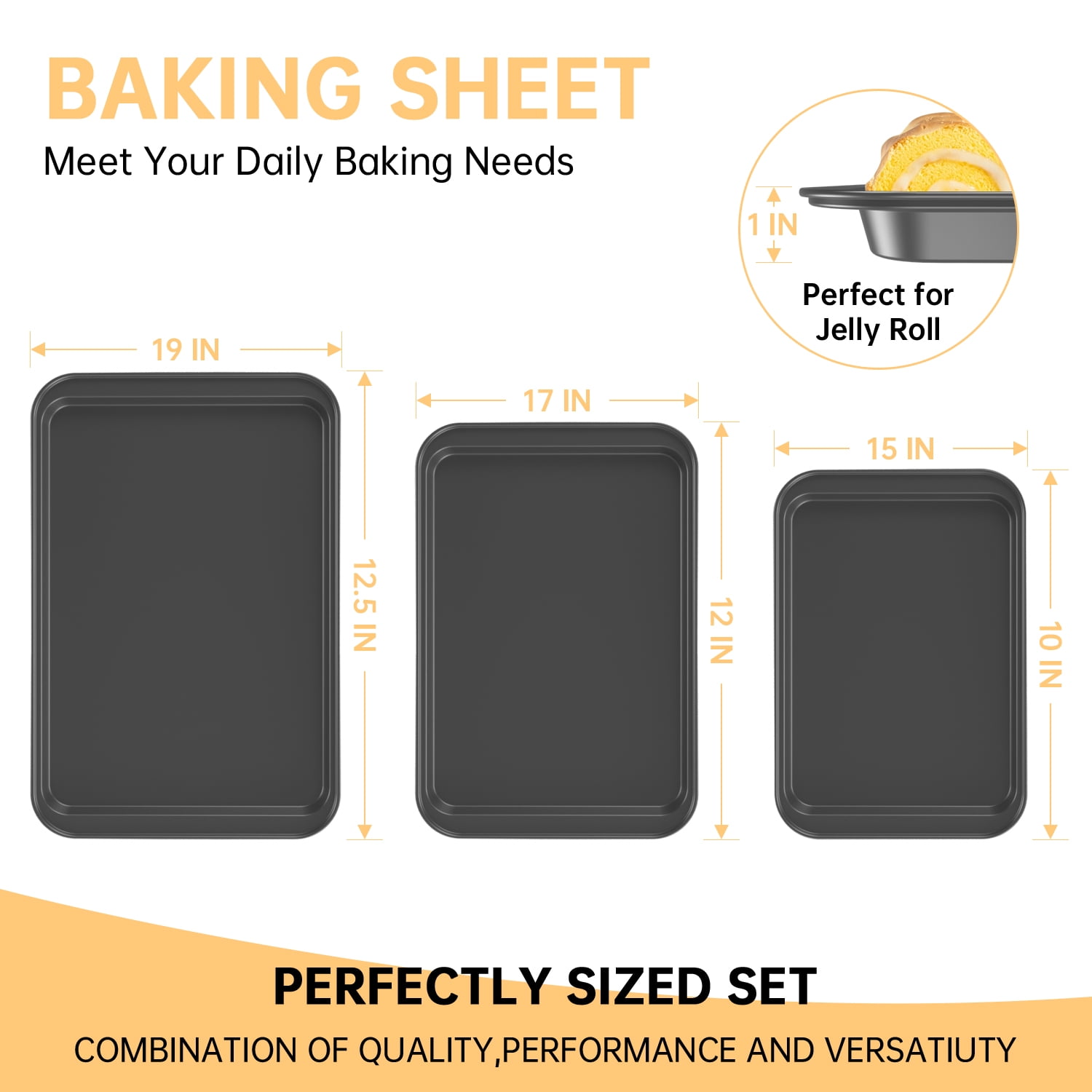 GPED Nonstick Carbon Steel Baking Sheet Set, 3-Piece Stackable Cookie Sheet Bakeware Set, 19/17/15 Inch, Carbon Steel BPA Free Cooking and Baking Trays for Cakes and Cookies, Oven Safe (450°F), Gray