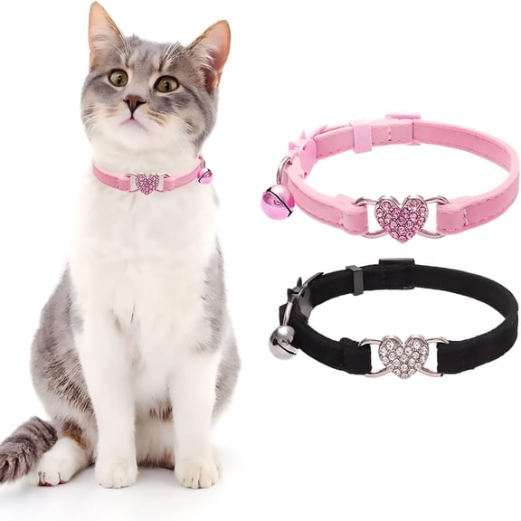 ACDANC Cat Collar Breakaway with Bell, Pack of 2 Heart Bling Collar Safety with Soft Velvet Adjustable for Kittens