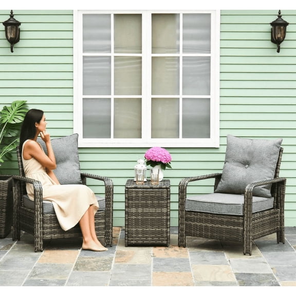 3-Piece Brown Wicker Patio Furniture Set w/ Storage Table & Plush Chairs - All-Weather Rattan Outdoor Seating for Balcony, Deck, Garden - UV/Water Resistant Steel Frame - 352lb Capacity
