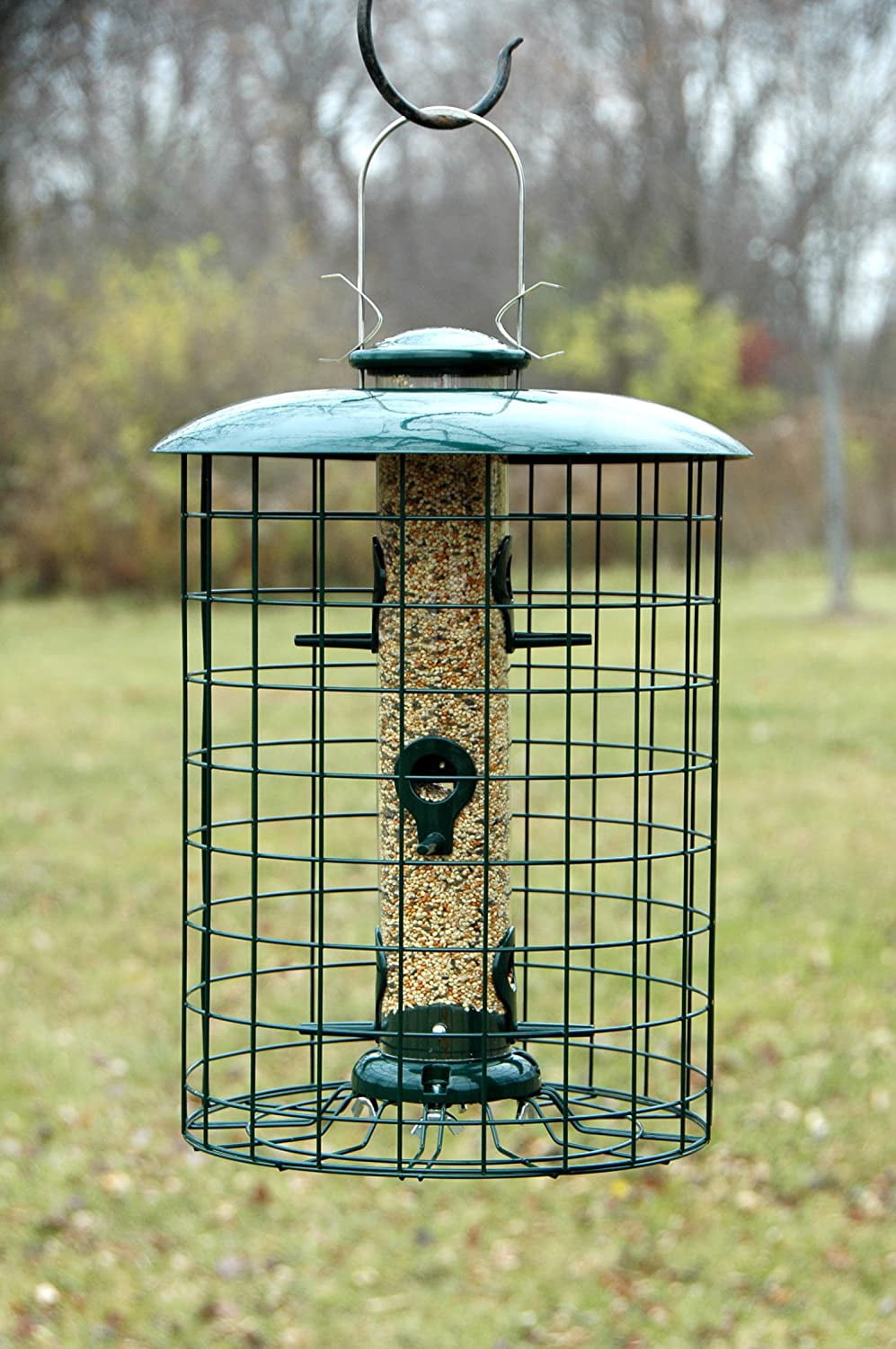 WoodLink Squirrel Proof Caged 6 Port Tube Bird Feeder with Green Finish