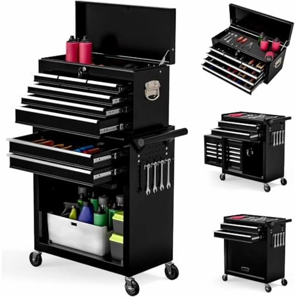 Percince Boîtes à Outils Roulantes à Grande Capacité avec Roues et Tiroirs, Armoire de Rangement à 8 Tiroirs, Combo d'Organisateurs Amovibles, Boîte à Outils Mobile Verrouillable pour Atelier, Mécaniciens, Garage?Noir?