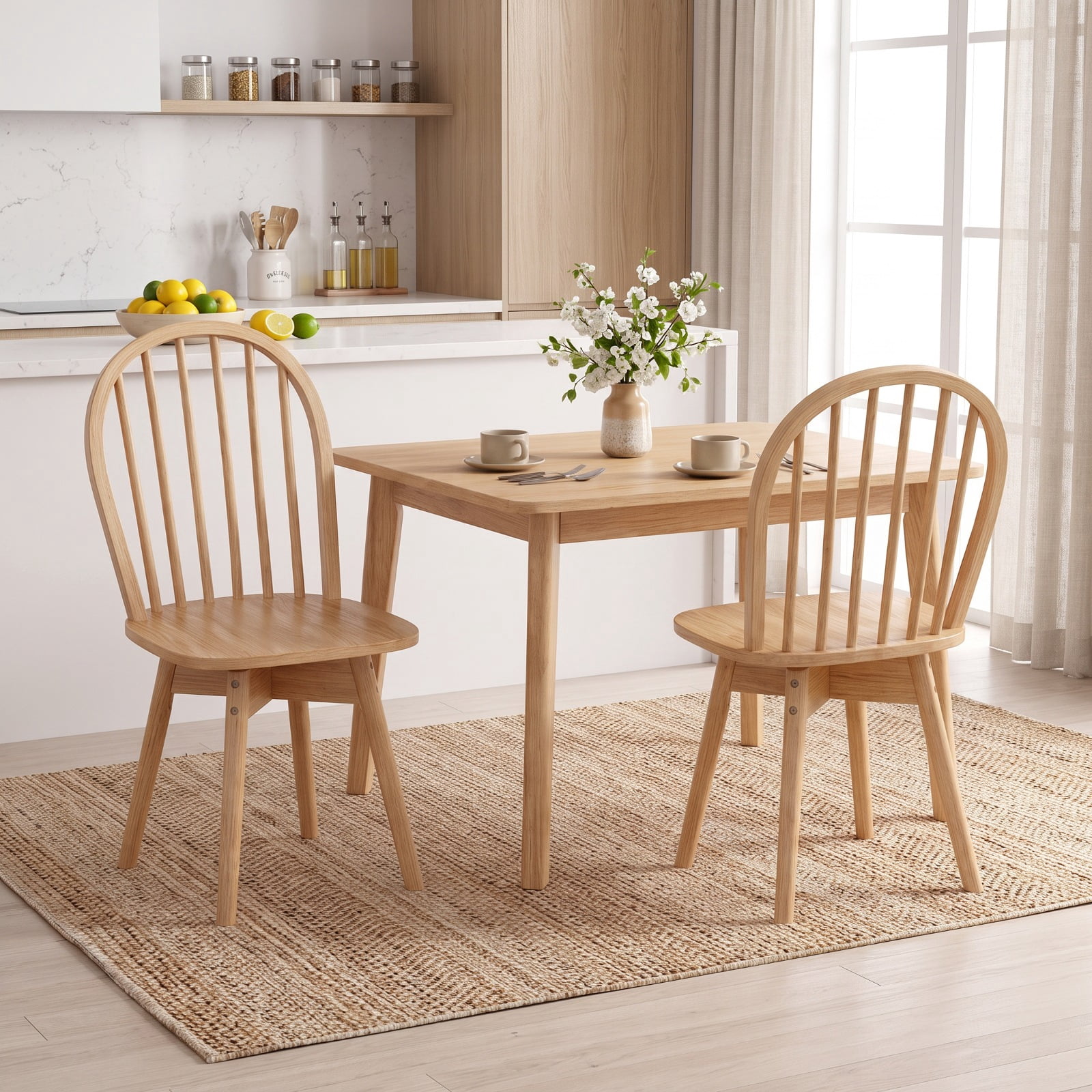 Furnibear Swivel Windsor Dining Chairs Set of 2 with Solid Rubber Wood Frame for Kitchen Dining Room Living Room Home, Natural