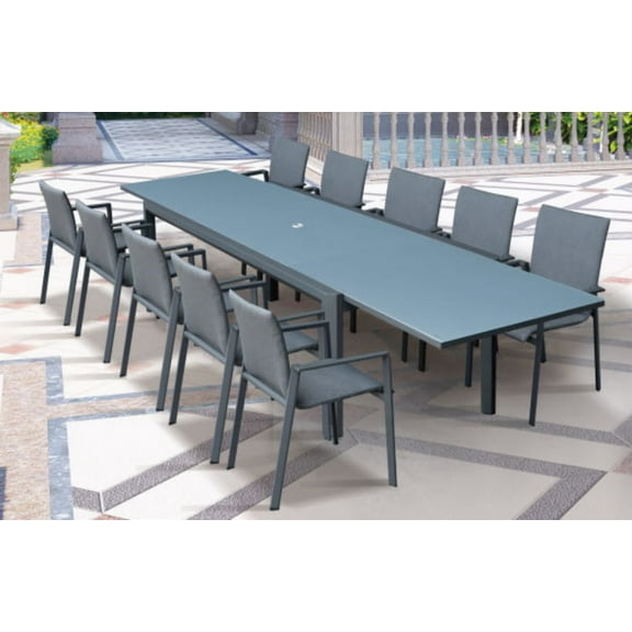 Vicari 11 Pc Dining Set 10- Vicari Upholstered Dining Chairs 1- Atrani 42" x 86.75"/136" Extension Dining Table with Dark Grey Frosted Glass and Umbrella Hole