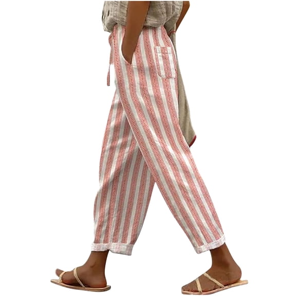 DeHolifer Women's Pants Plus Size Elastic Waisted Drawstring Strip Printed Wide Leg Casual Loose Trousers with Pocket Watermelon Red 3XL