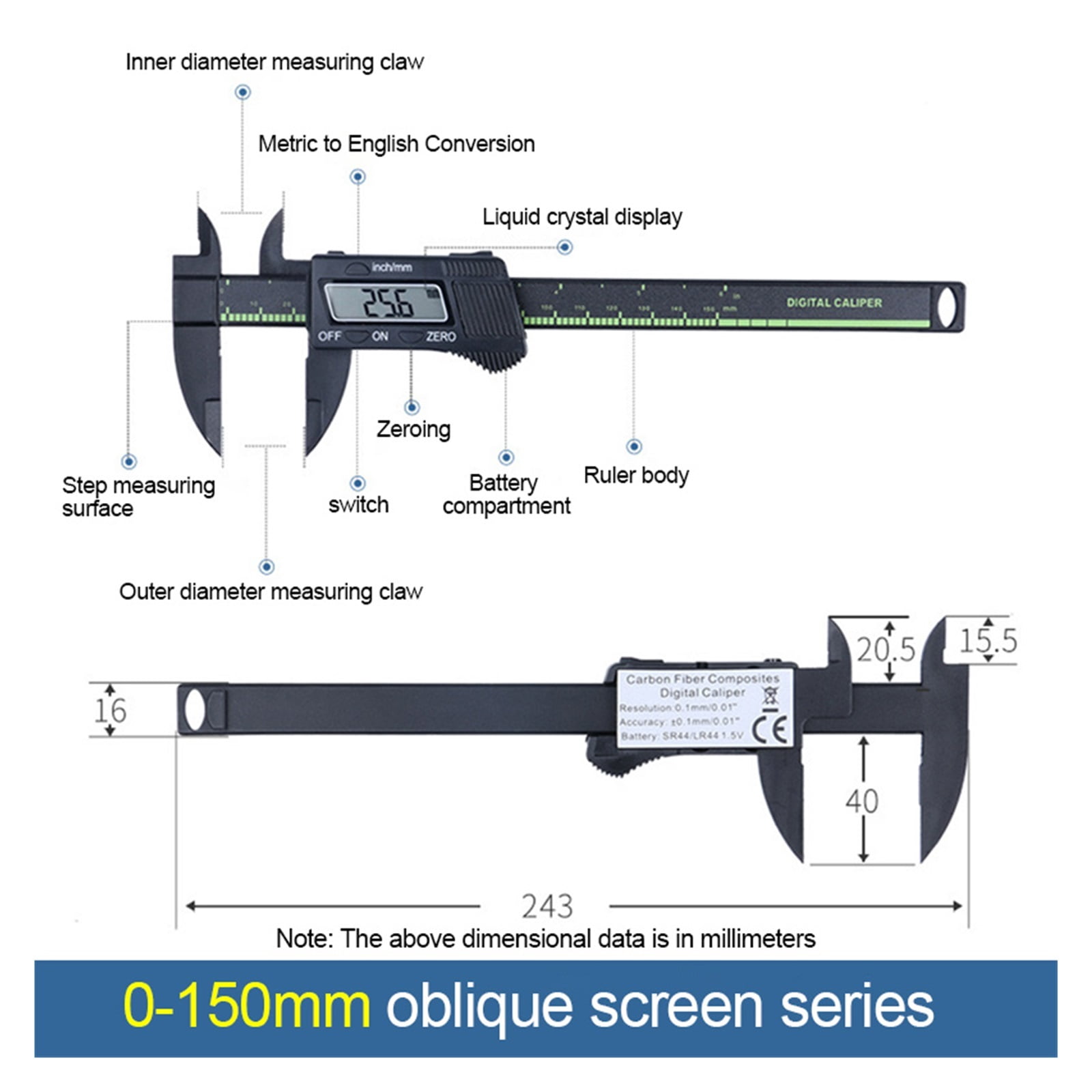 0-150mm Plastic Electronic Digital Caliper Carbon Fiber Dial Vernier Caliper Gauge Micrometer Measuring Tool Digital Ruler ,Complete Kit