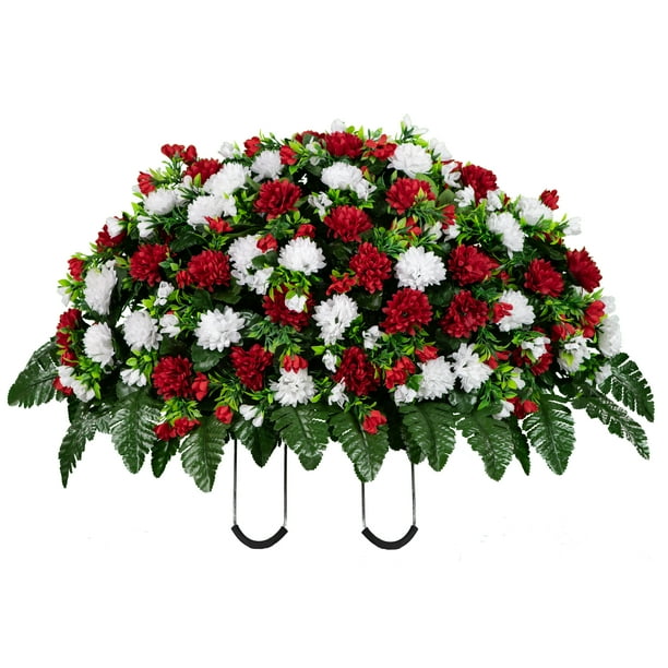 Sympathy Silks Artificial Cemetery Flowers 30" Red and White Mums