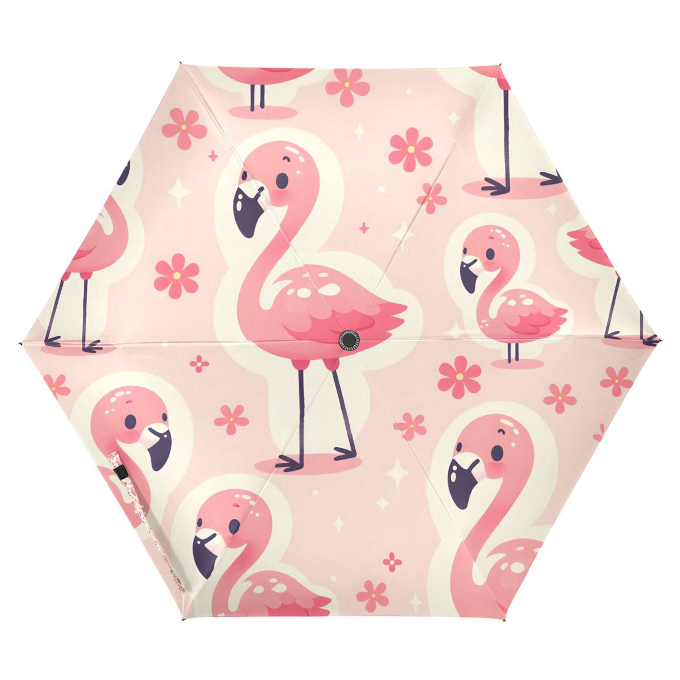 Cute Pink Flamingo and Flowers Compact Sun Umbrella Windproof Travel Umbrellas for Rain Strong Portable UV Protection