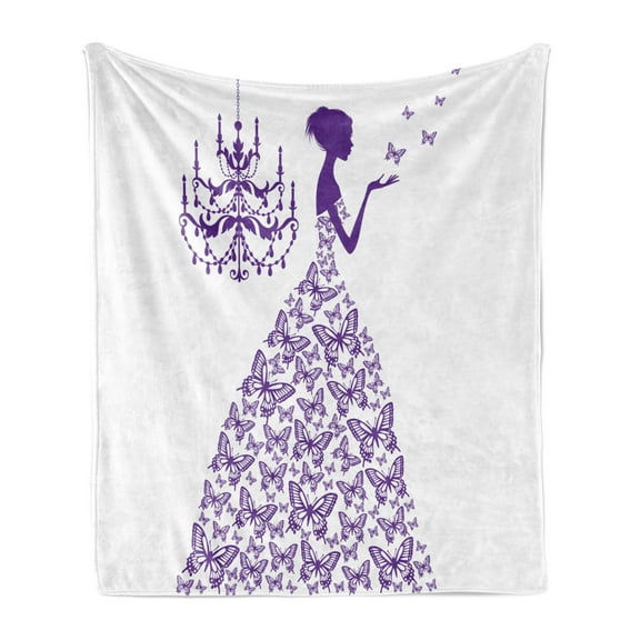 Love Soft Flannel Fleece Throw Blanket, Romantic Fairtytale Lady Butterflies Princess with Antique Chandelier Graphic, Cozy Plush for Indoor and Outdoor Use, 50" x 60", Purple and White, by Ambesonne