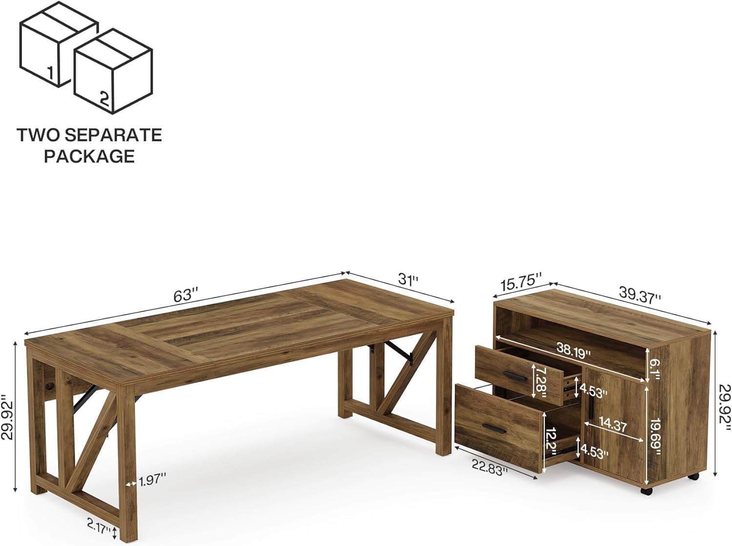Tribesigns 63" L Shaped Executive Desk with Lateral File Cabinet, (Rustic Brown)