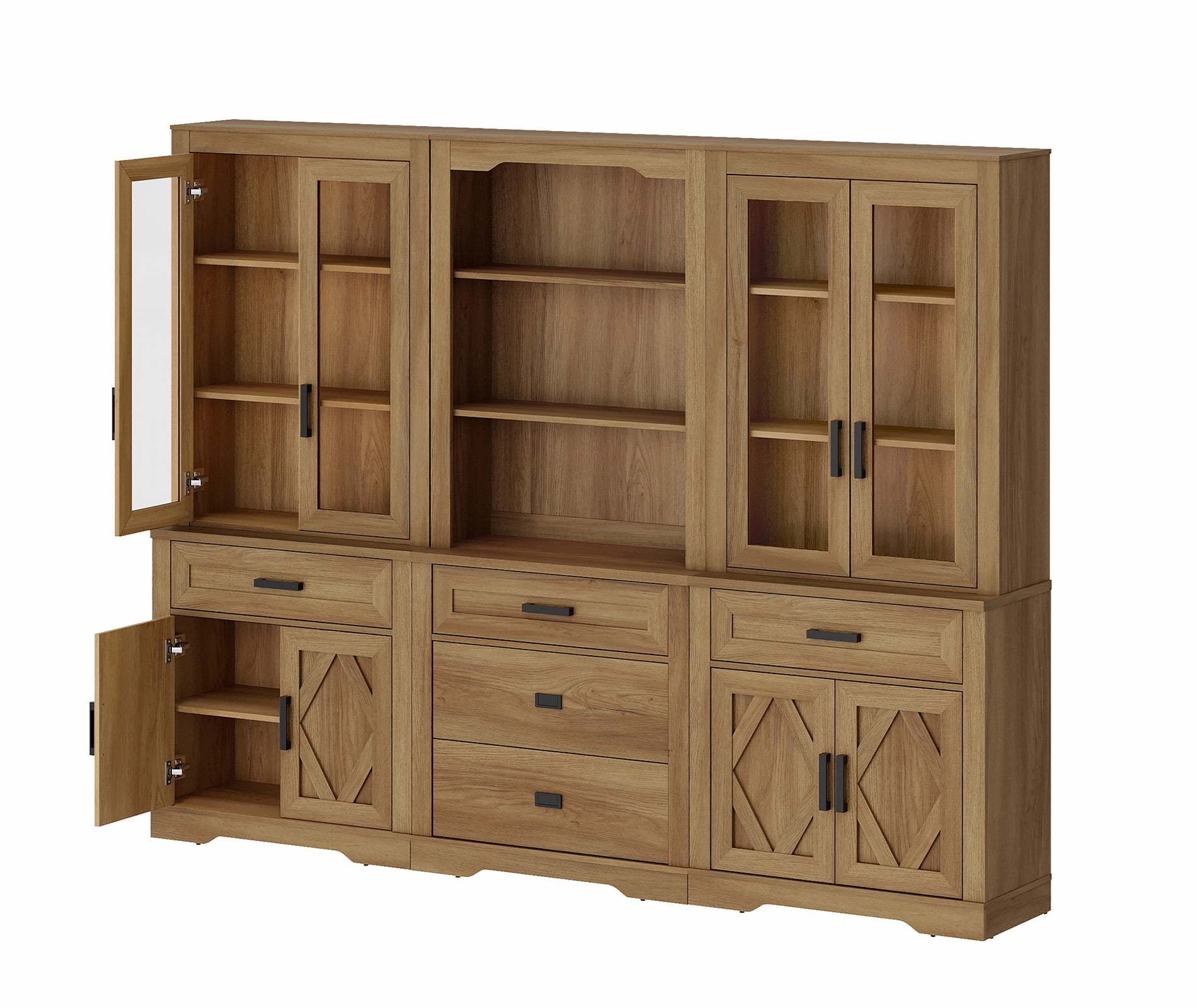 WAMPAT Modern Farmhosue 3-Column BookShelf Set,5 Tier Book Shelf with Open Storage and Glass Doors,73"H Tall Wood Bookcase with Storage Cabinet and Drawers for Study,Bedroom,Living Room,Walnut