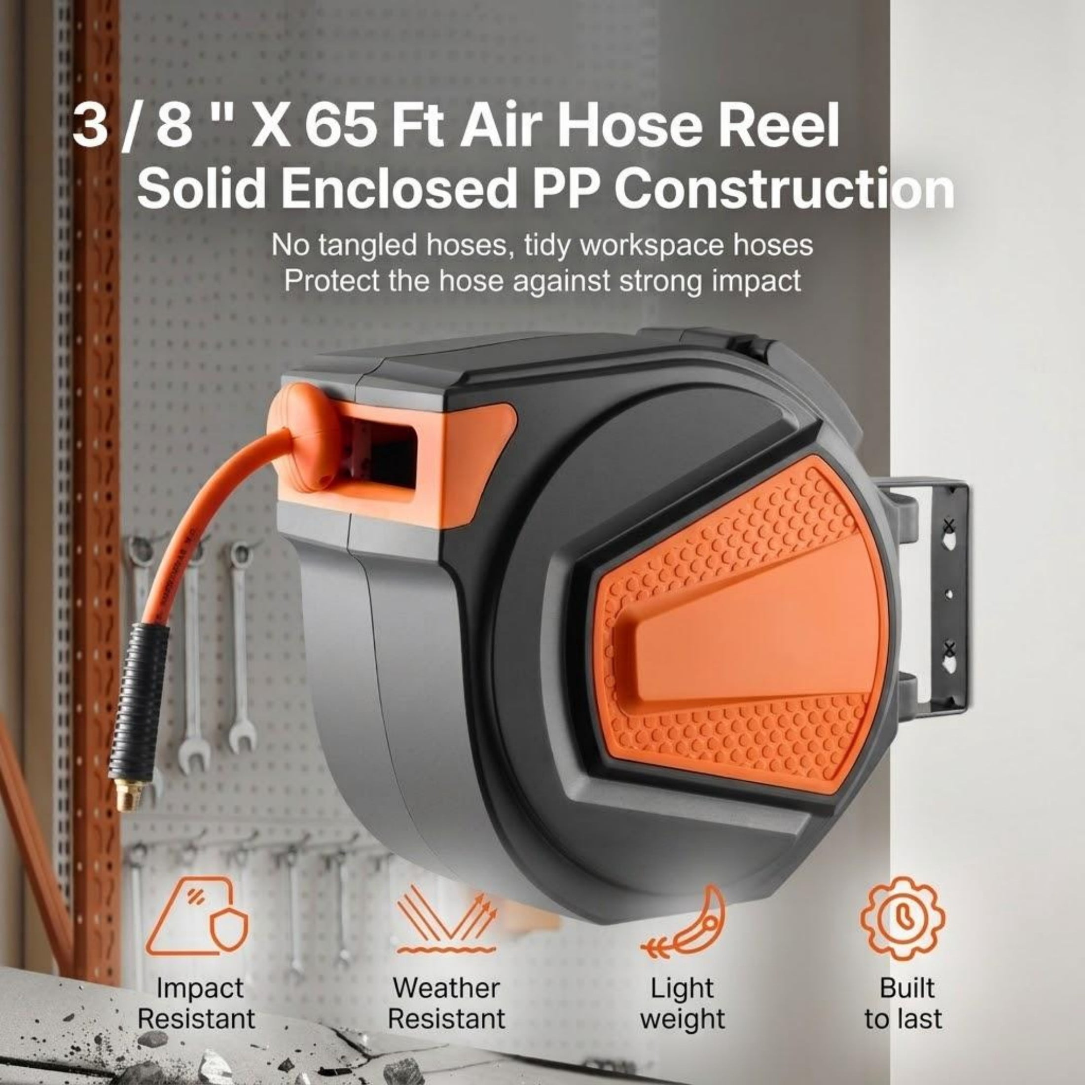 3/8" x 65 ft Retractable Air Hose Reel, Hybrid Hose Max 300 PSI, Auto-Rewind with 6.6 ft Lead, Ceiling/Wall Mount, 180° Swivel Bracket