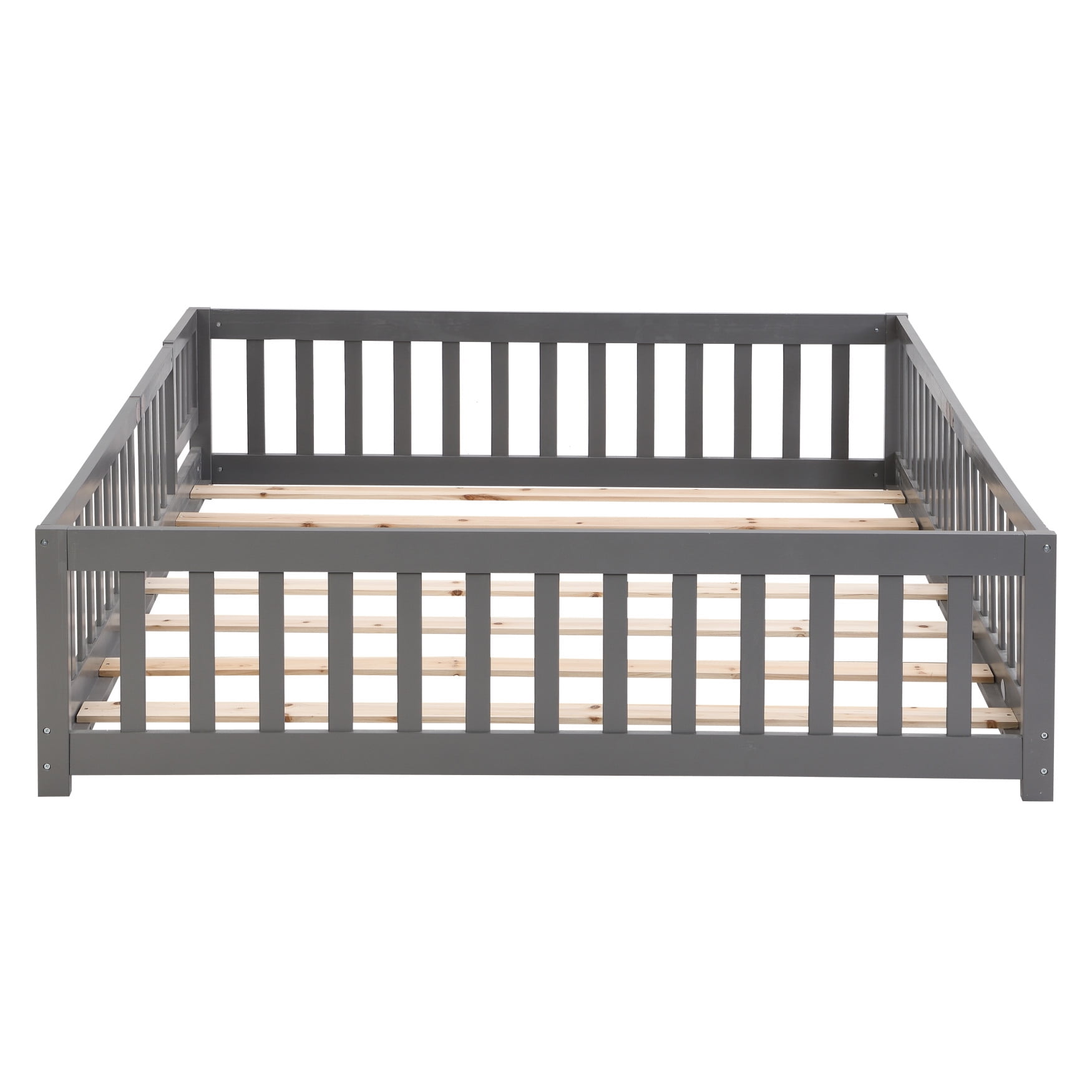Full Size Montessori Floor Bed, Solid Wood Playhouse Bedframe with Safety High Fence and Door, Sturdy and Durable, Pine Wood Montessori Floor Bed for Girls and Boys, Gray