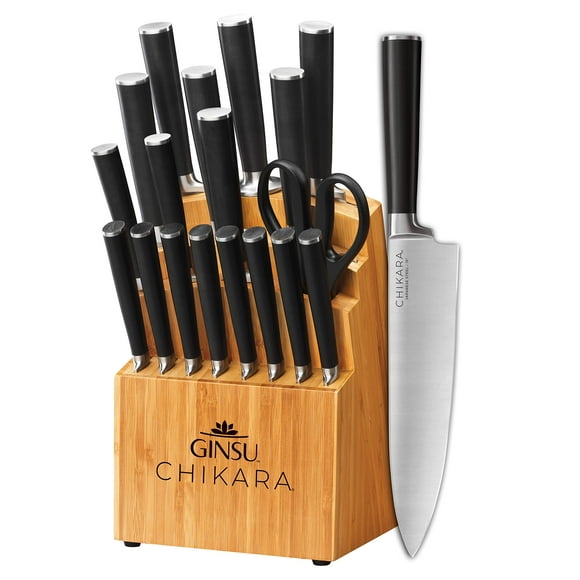 Ginsu Chikara Series Forged 19-Piece Japanese Knife Set, Black - Premium Cutlery Set with 420J Stainless Steel Kitchen Knives and Bamboo Block