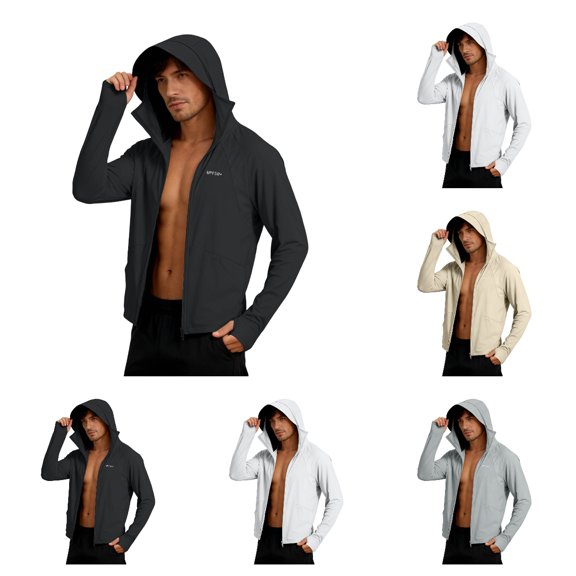 Afuyipoi Sun Protection Jacket for Men,Hooded Zipper Solid Color Long Sleeved UPF 50 Outerwear Jackets Black XL