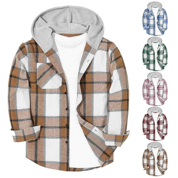 Miluxas Boy's Casual Button Down Hooded Shirts Plaid Print Long Sleeve Hooded Tops Red 12 Years
