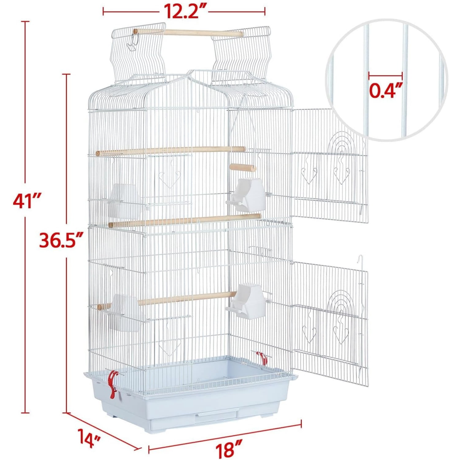 41'' Open Top Medium Size Quaker Parrot Bird Cage Cockatiel Indian Ring Neck Sun Parakeet Green Cheek Conures Lovebird Budgie Canary Finch Parrotlet Bird Cage, White