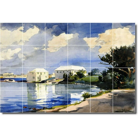 Ceramic Tile Mural-Winslow Homer Waterfront Painting 460. 25.5" w x 17" h using (24) 4.25 x 4.25 ceramic tiles