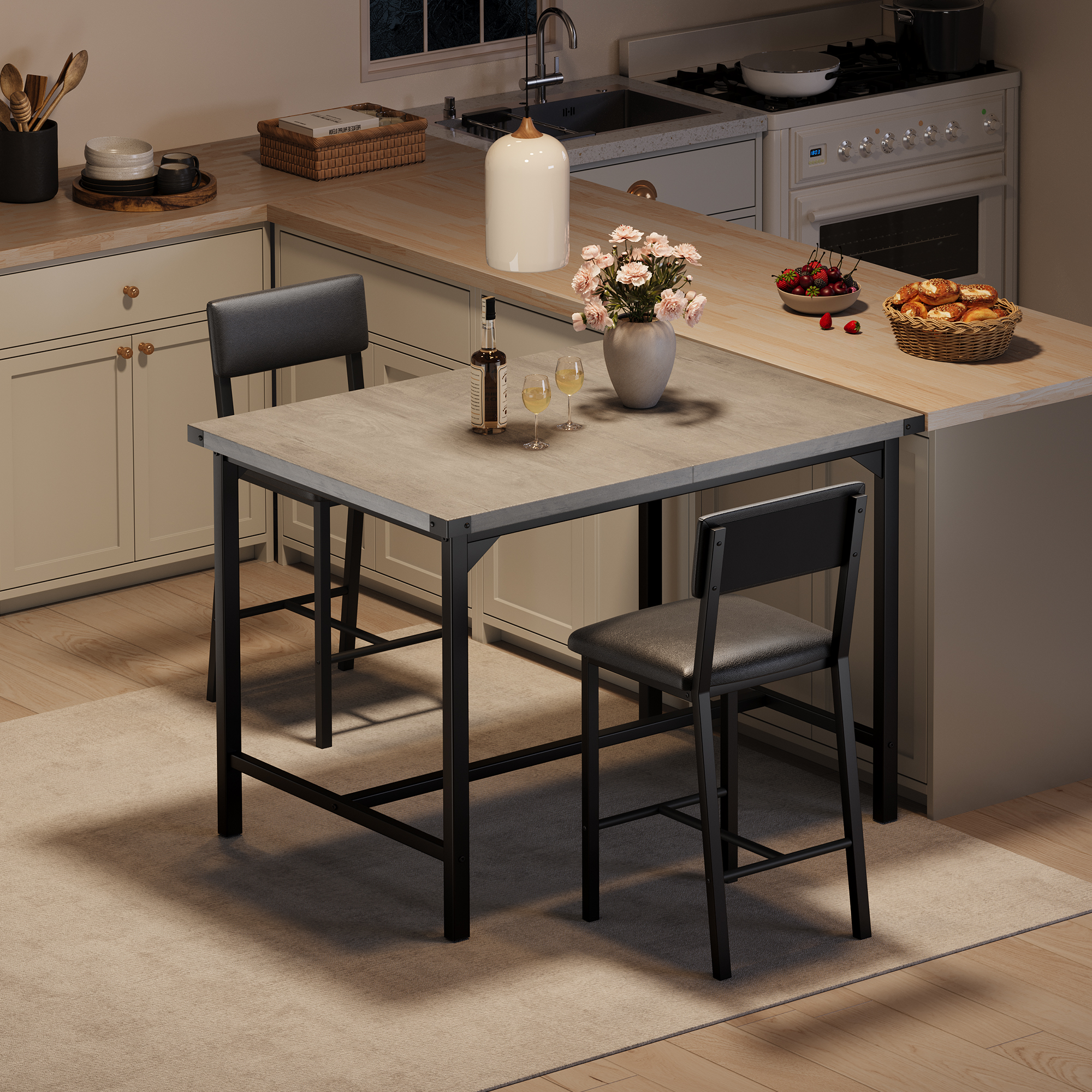 Space-Saving 3-Piece Counter Height Dining Table Set for 2 – Padded Stools with Backrest & Footrest, Metal Frame, Corner Protectors – Kitchen Table and Chairs for Small Dining Room or Apartment