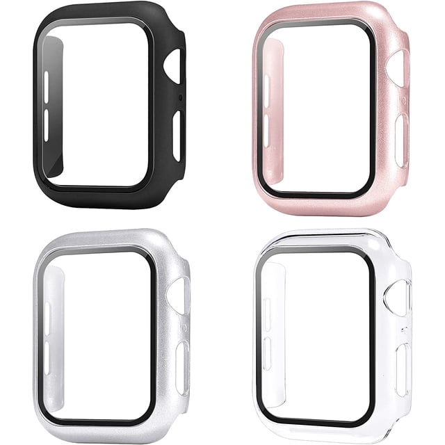 4 Pack Case with Tempered Glass Screen Protector Compatible with iWatch 44mm Series 6 5 4 SE, Hard PC Bumper Case Protective Cover Frame for Watch 44mm (Black/Rose Gold/Silver/Clear)