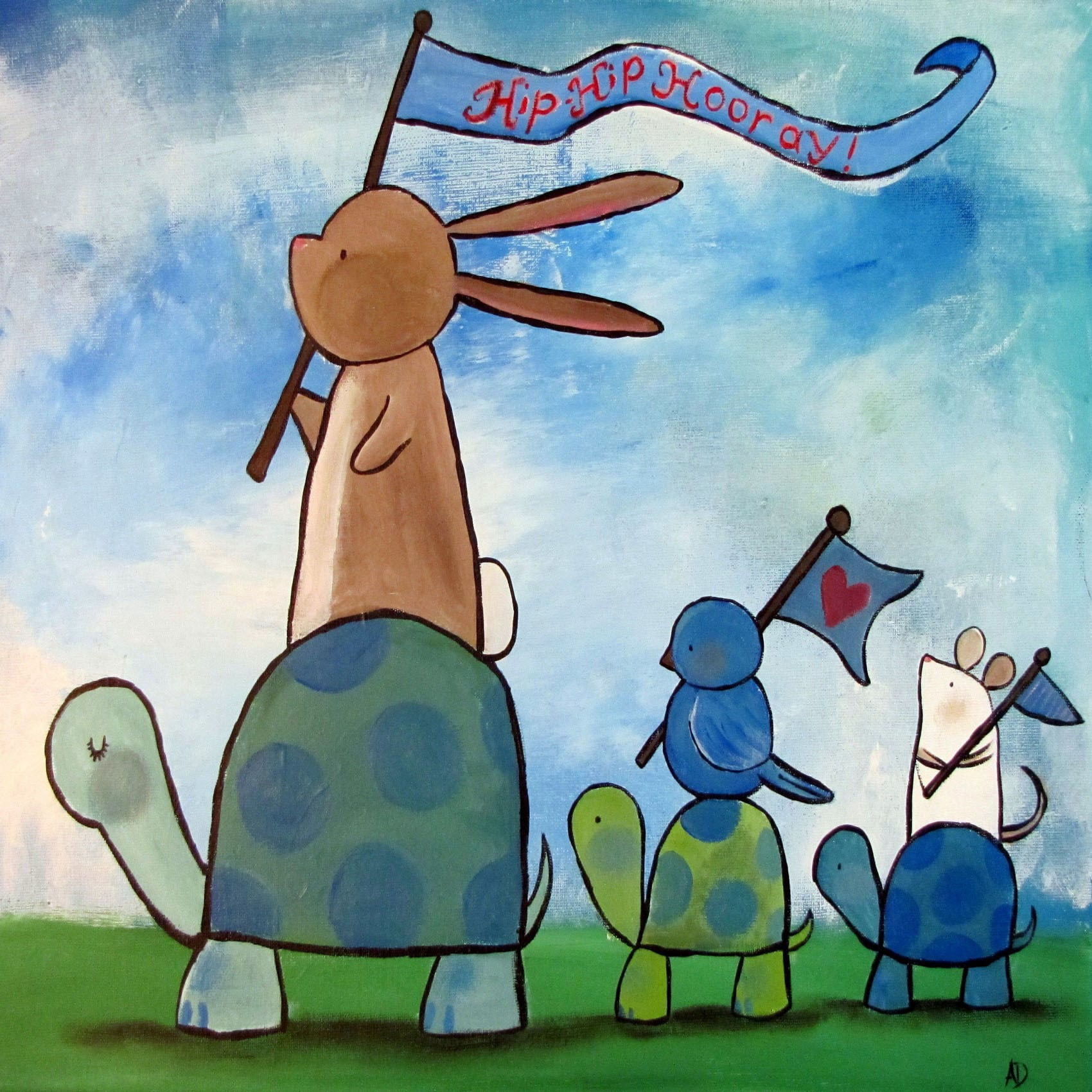 MARMONT HILL  - 'Turtle Parade' by Andrea Doss Painting Print on Wrapped Canvas - Blue 32 x 32
