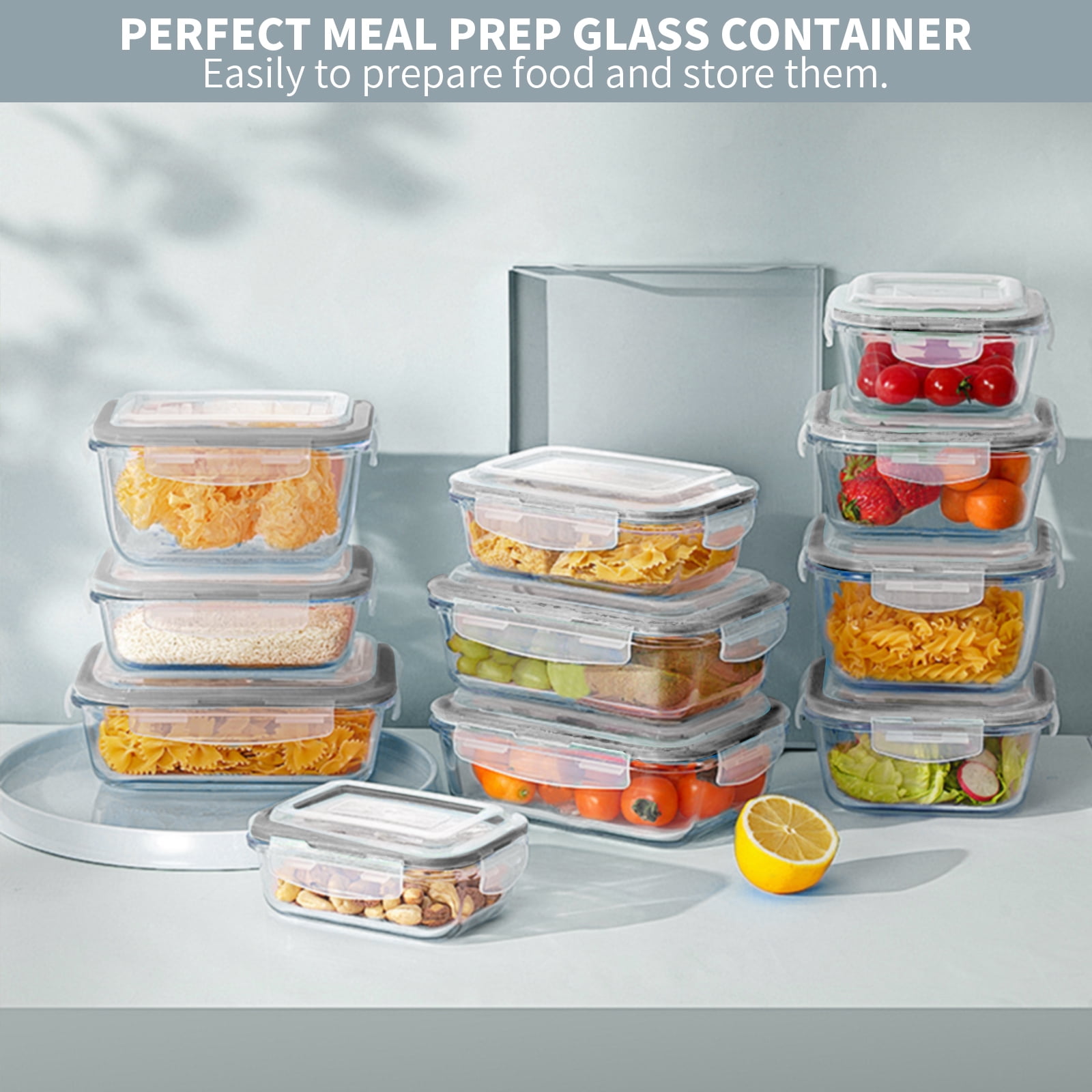 14 Pcs Glass Food Storage Containers, Meal Prep, Airtight Bento Boxes Lunch Box with Leak Proof Locking Lids, Microwave/Oven/Freezer/Dishwasher Safe, BPA Free, Gray