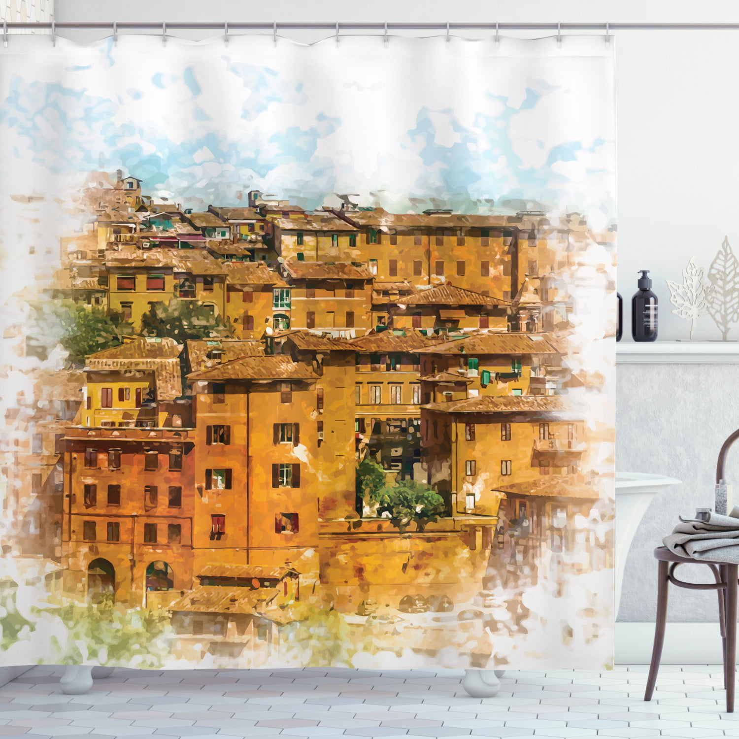 Vintage Italian Town Shower Curtain Liner Bathroom Set Polyester Fabric & Hooks 