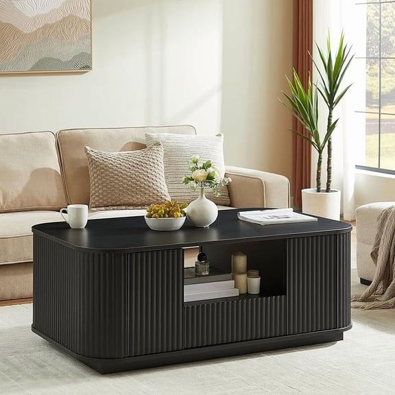 46.5" Modern Fluted Oval Wood Coffee Table with 2 Drawers Storage,Open Shelf & 2 Compartments, Curved Contour Design, Coffee Table for Living Room and Office