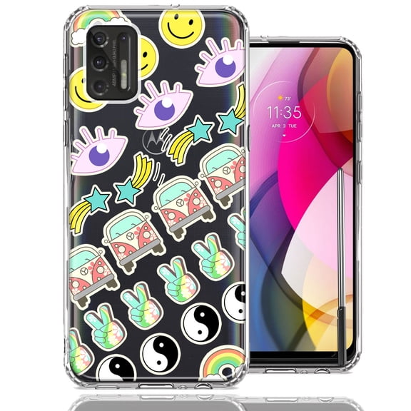 MUNDAZE For Motorola Moto G Stylus 2021 70's Yin Yang Hippie Happy Peace Stars Design Double Layer Phone Case Cover