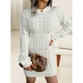 thumbnail image 5 of Casual Cable Knit Sweater Dress with Tie-Waist for Female, Autumn Winter Bodycon Tight Long Sleeve Tunic White L, 5 of 10