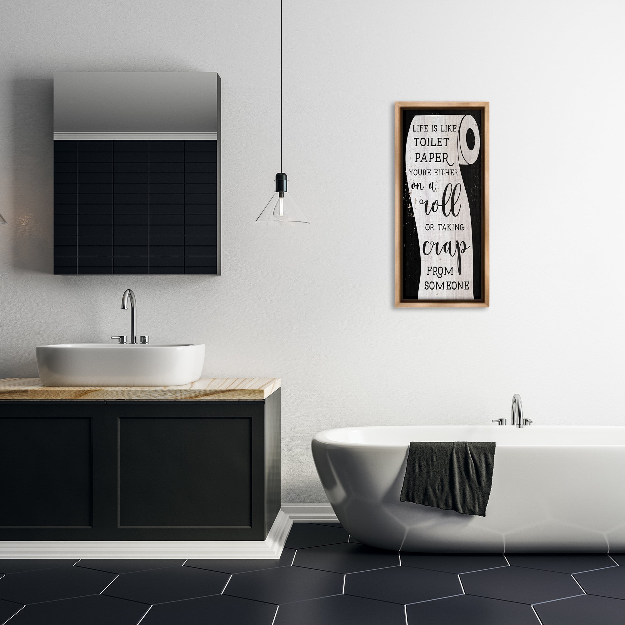 Stupell Industries Like Toilet Paper Funny Bathroom Typography Painting Brown Floater Framed Canvas Art Print Wall Art, 15 x 31