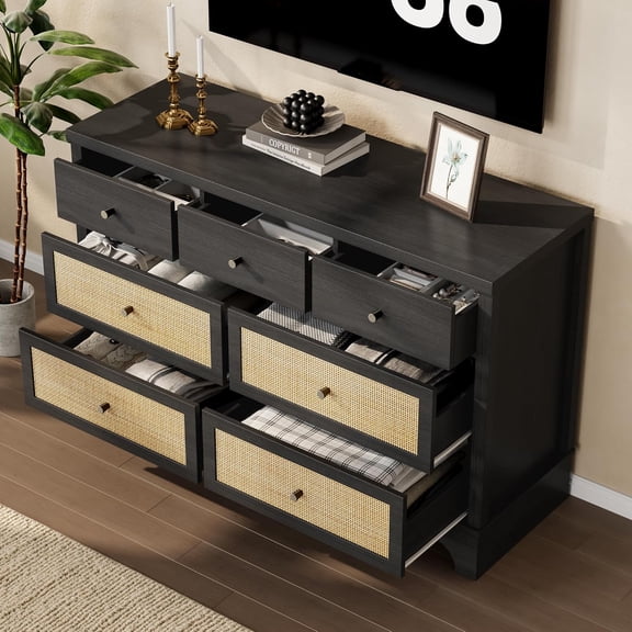 EastVita 7 Drawers Double Dresser with Wood Drawer Organizer for Living Room Entryway and Hallway