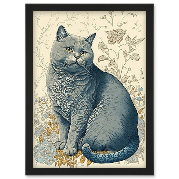 William Morris Inspired Cat Portrait with Flowers Modern Illustration Artwork Framed Wall Art Print A4