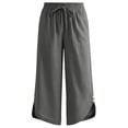 thumbnail image 5 of BUIGTTKLOP Capris Pants for Women Cotton Casual Summer Wide Leg Drawstring Elastic Trousers Side Split Beach Vacation Cropped Pants, 5 of 6