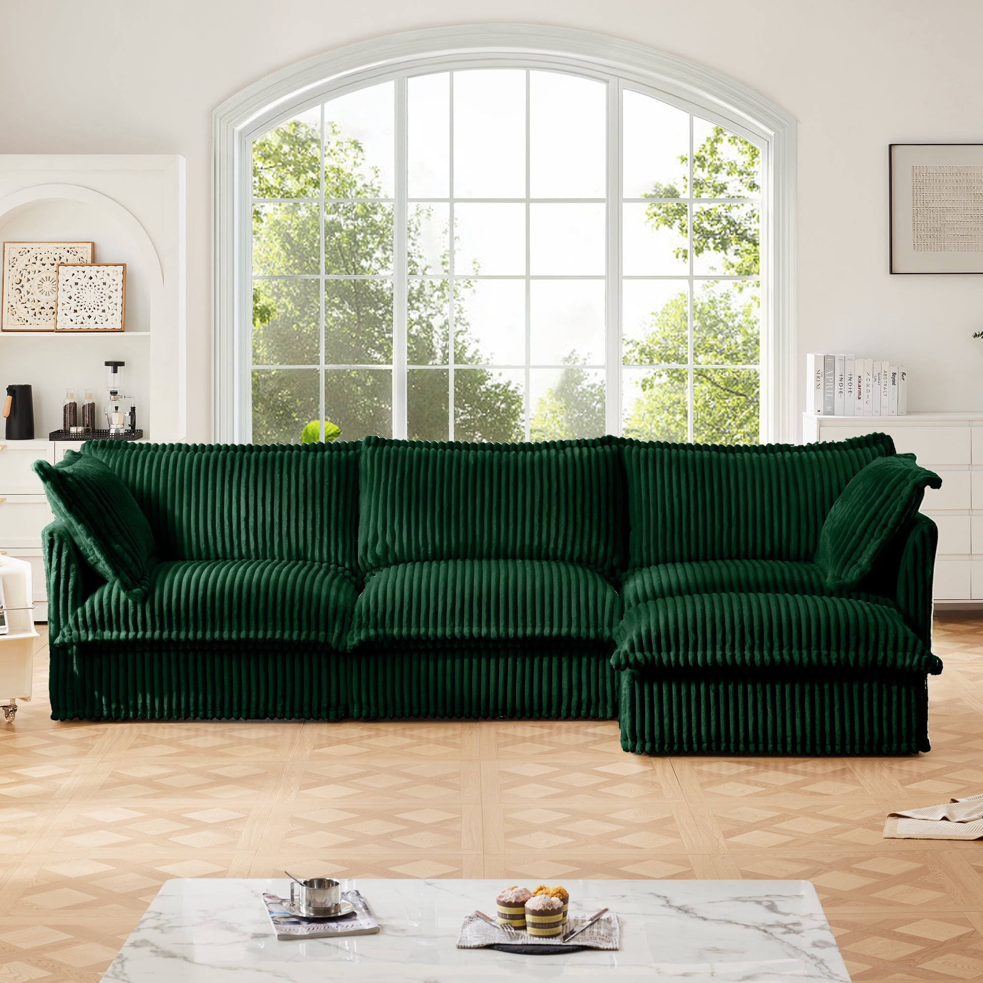 Gewnee Deep Seat Modern 3 Seater Sectional Sofa Couch With Ottoman,L Shape Green Corduroy Fabric Comfy Couch for Living Room