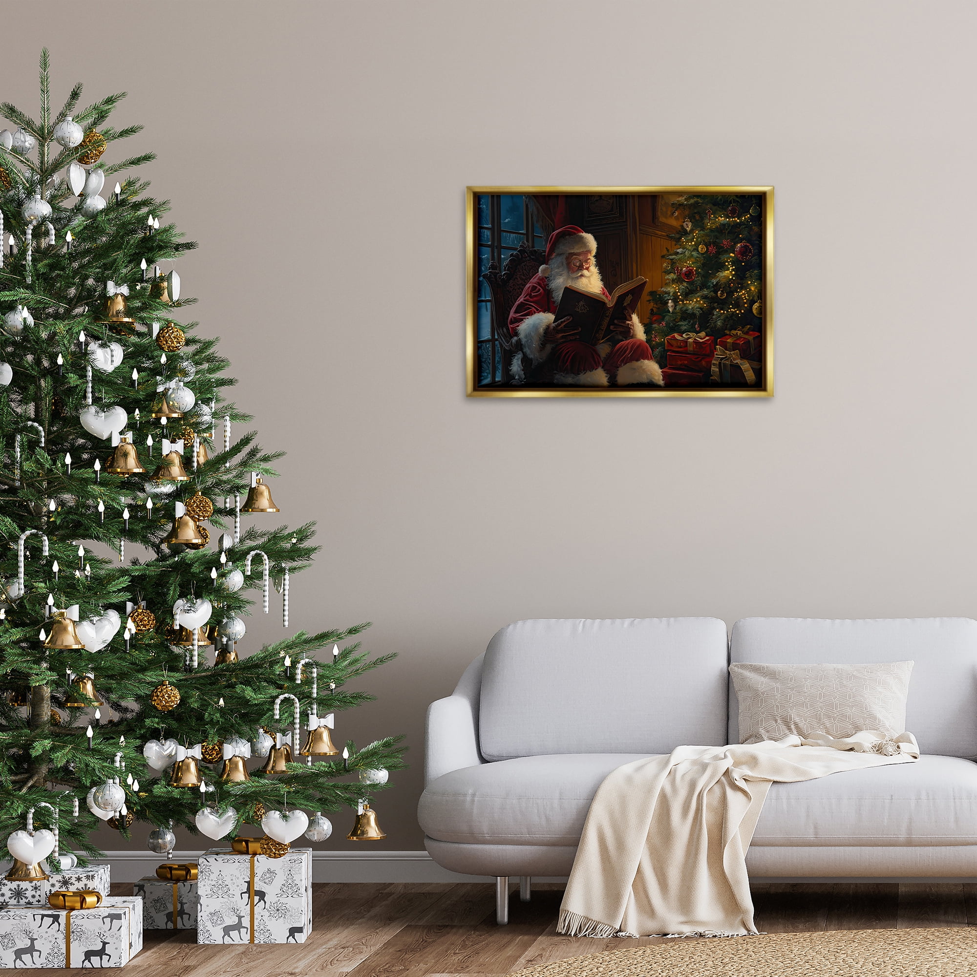 Stupell Industries Santa Reading by Tree Holiday Painting Gold Floater Framed Canvas Art Prints Wall Art, 31 x 21