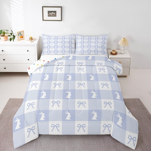 Cute Rabbit Comforter Set Toddler Size 2 Pcs,Spring Easter Animal Princess Bowknot Bedding Set,Blue Geometric Plaids Kawaii Bow Patchwork Quilt Set for Child Bedroom,1 Pillowcase