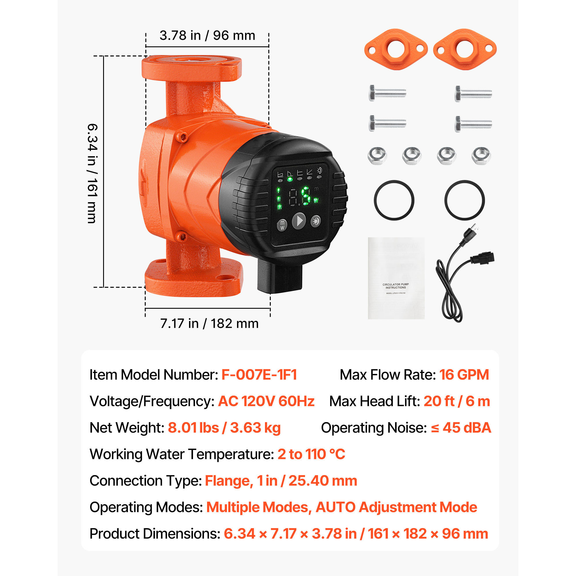 KFFKFF High-Efficiency Circulator Pump, 16 GPM,120V,20 ft Cast Iron Hot Water Recirculation Pump with 1-Inch Flange Connection, Built-In Check Valve, Quiet Performance for Residential Heating Systems