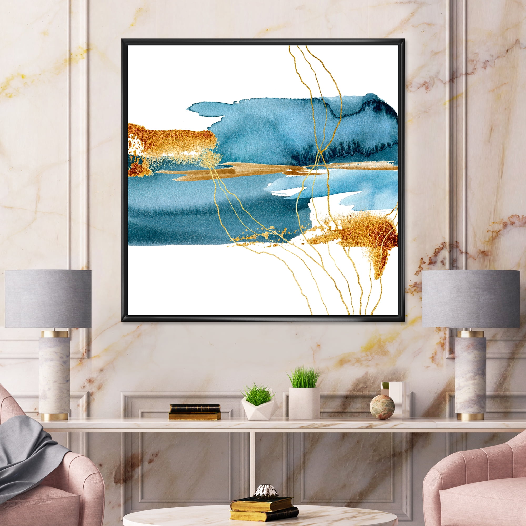 Designart 'Golden Laminaria Branch With Blue Underwater Plant' Modern Framed Canvas Wall Art Print