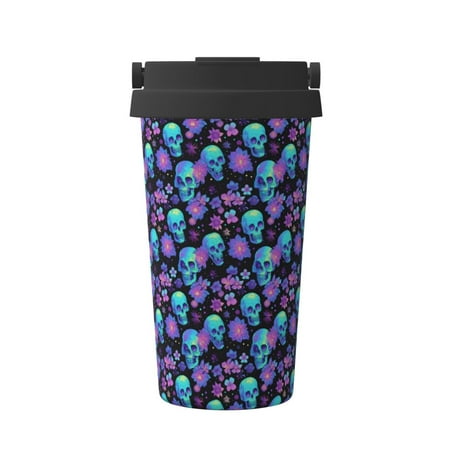 

Goofa purple flower blue Skull for Insulated Travel Coffee Mug Spill Proof Leak Proof 16 OZCoffee Tumbler Reusable Coffee Cups with Lids Thermos for Hot and Cold Drink