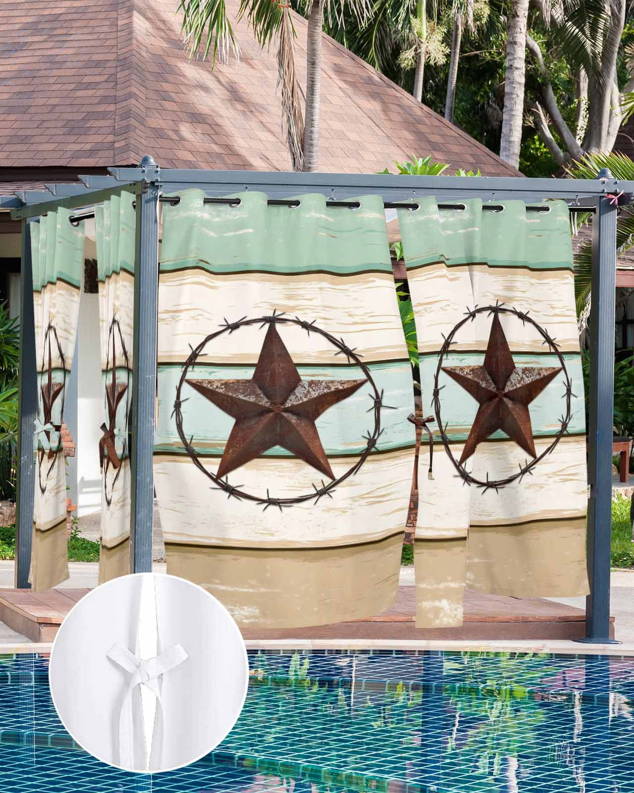 nqOlkjepod Outdoor Curtains for Patio Waterproof, Beige Sage Green Texas Star Outdoor Privacy Panels Grommet, Vintage Stars Wooden Blackout Outside Curtains for Porch/Cabana/Pergola 54"x84", 1 Panel