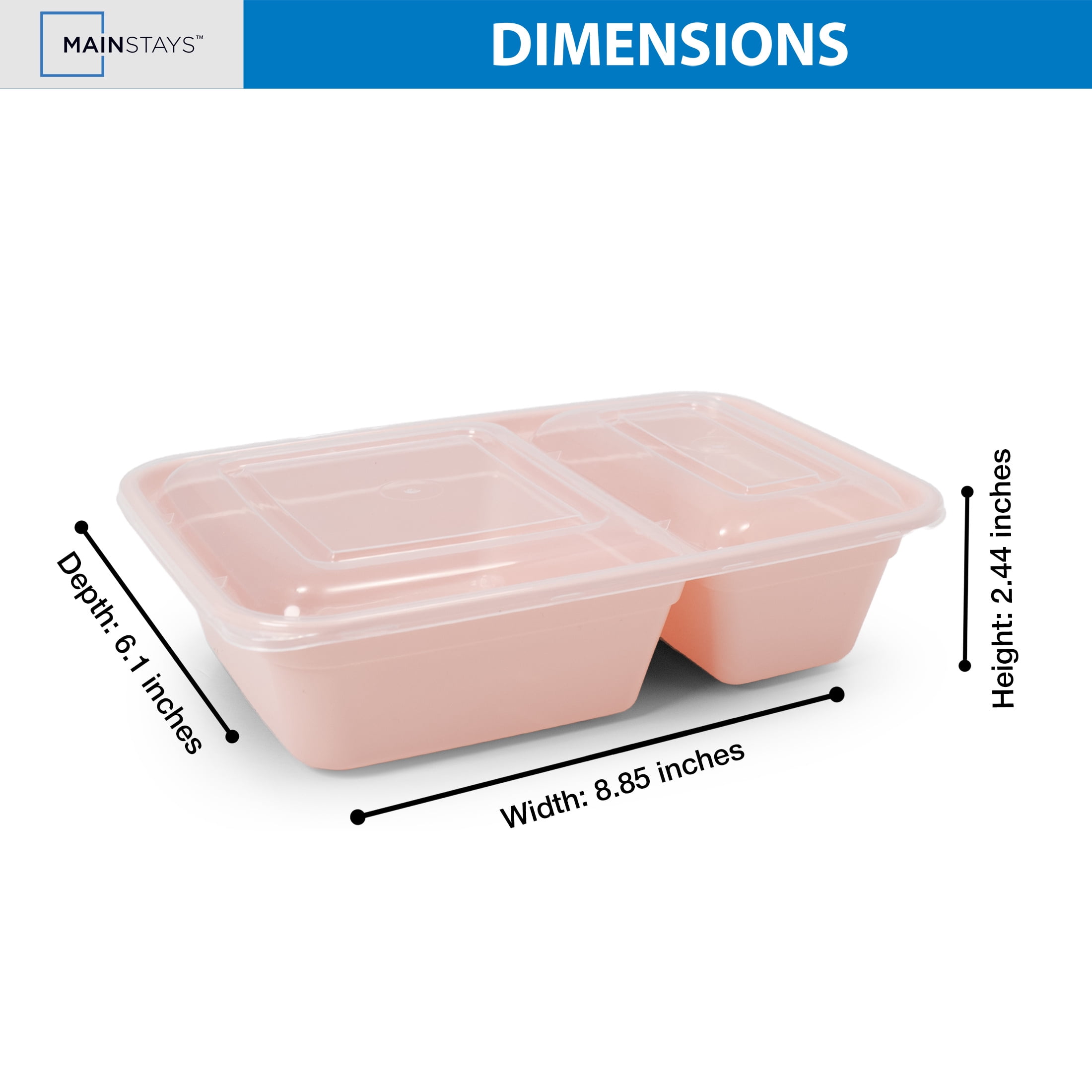 Mainstays 5-Pack 2-Compartment BPA-Free Plastic Meal Prep Food Storage Containers, 0.9L, Pink Blush